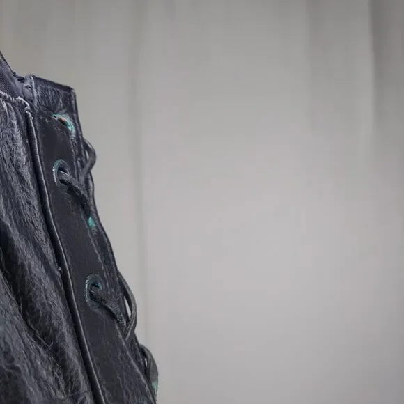 FMC Mens Leather Vest 46 Black Side Laced Grommet Snap Front V-Neck Pockets - Picture 4 of 9